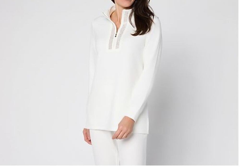 Belle KimGravel Petite M Cream Scubaluxe Sparkle Half Zip Tunic A710227 NWOT